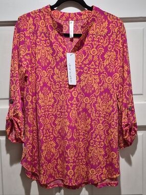 Dear Scarlett Bright Pink & Orange Damask Blouse – Size Large NWT